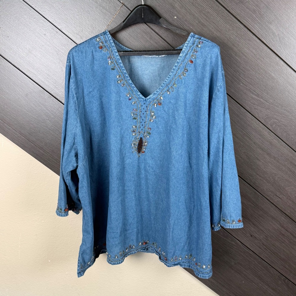Vintage Y2K Women's Blue Denim Tunic 2X Gem Beaded Embellished Boho 3/4 Sleeve
